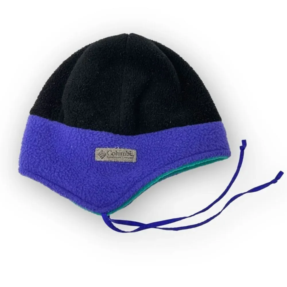 Vintage Columbia Reversible Teal Purple Fleece Beanie Hat Youth Size L/XL